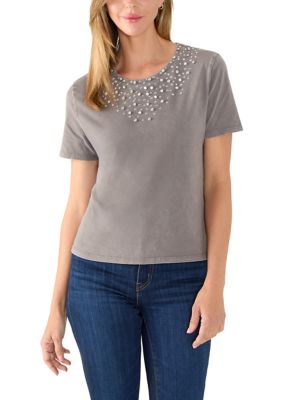 MUSE Republic Clothing Women's Jeweled Patterned Short Sleeve Top, Grey, Small