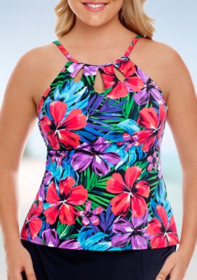 Caribbean Joe Plus Size Tropical Punch Hi-Neck Cut Out Tankini Swim Top ...