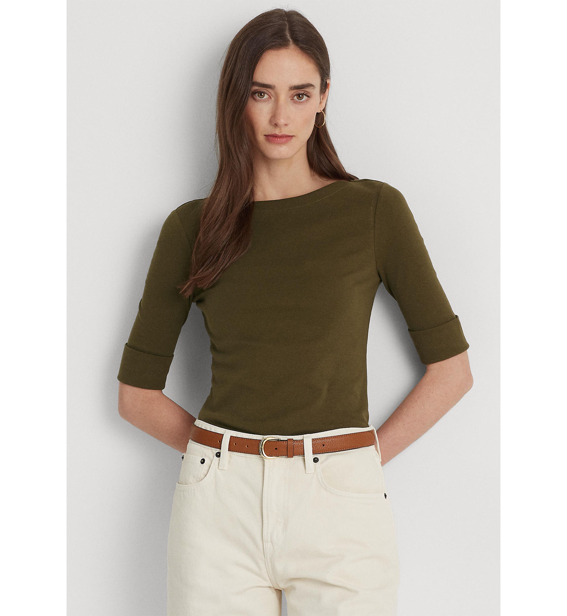 Stretch Cotton Boat Neck T-Shirt