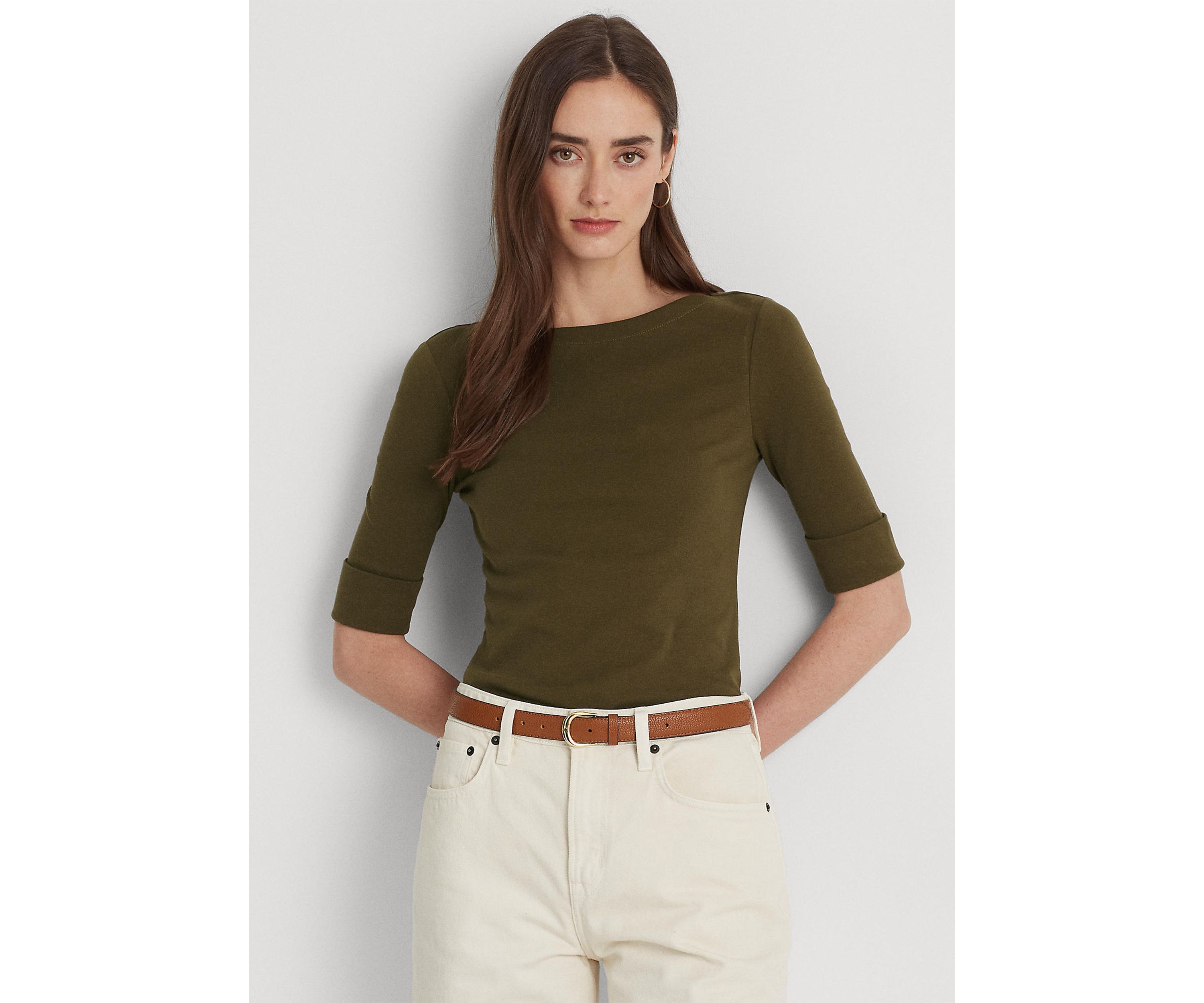Stretch Cotton Boat Neck T-Shirt