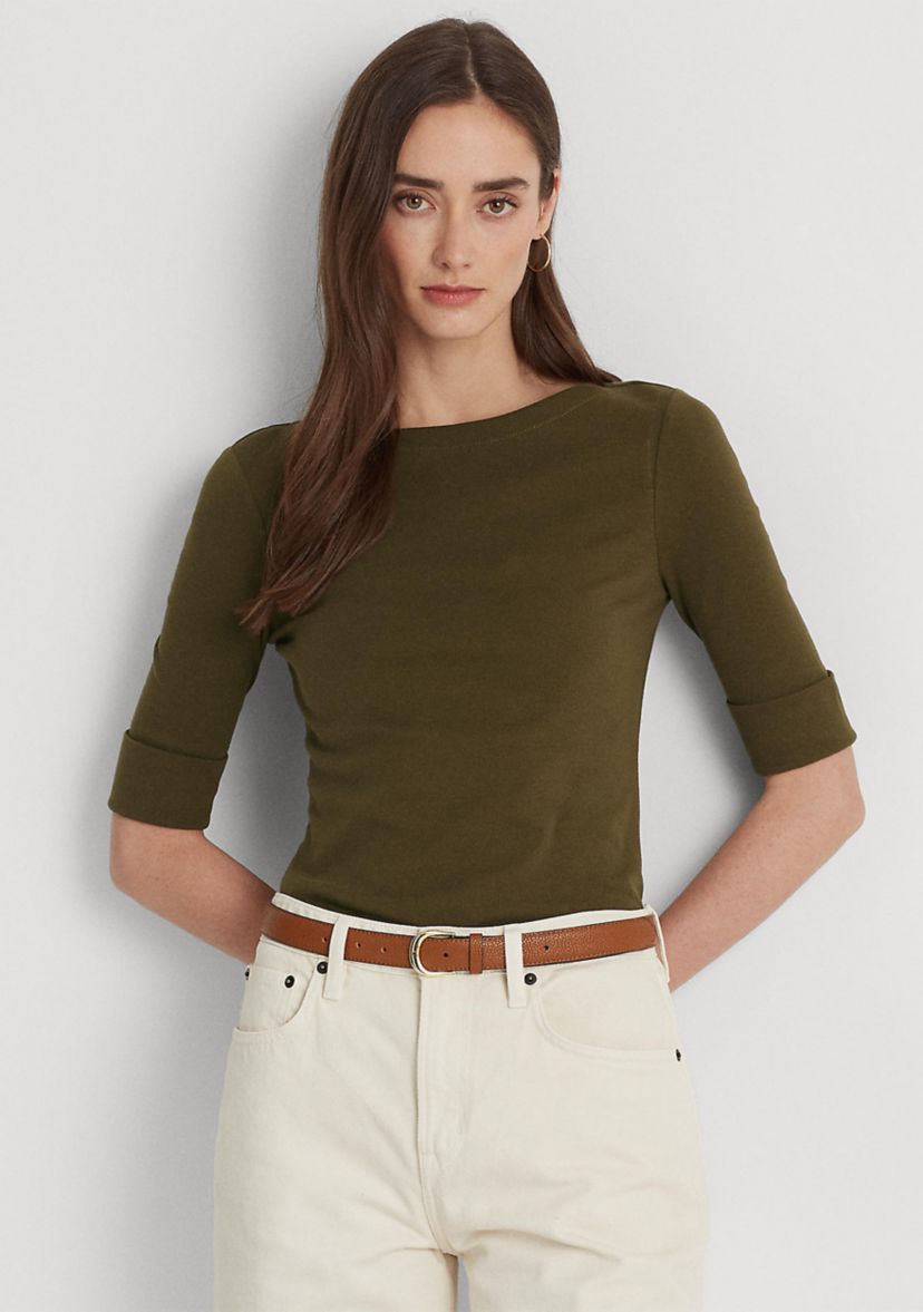 Stretch Cotton Boat Neck T-Shirt