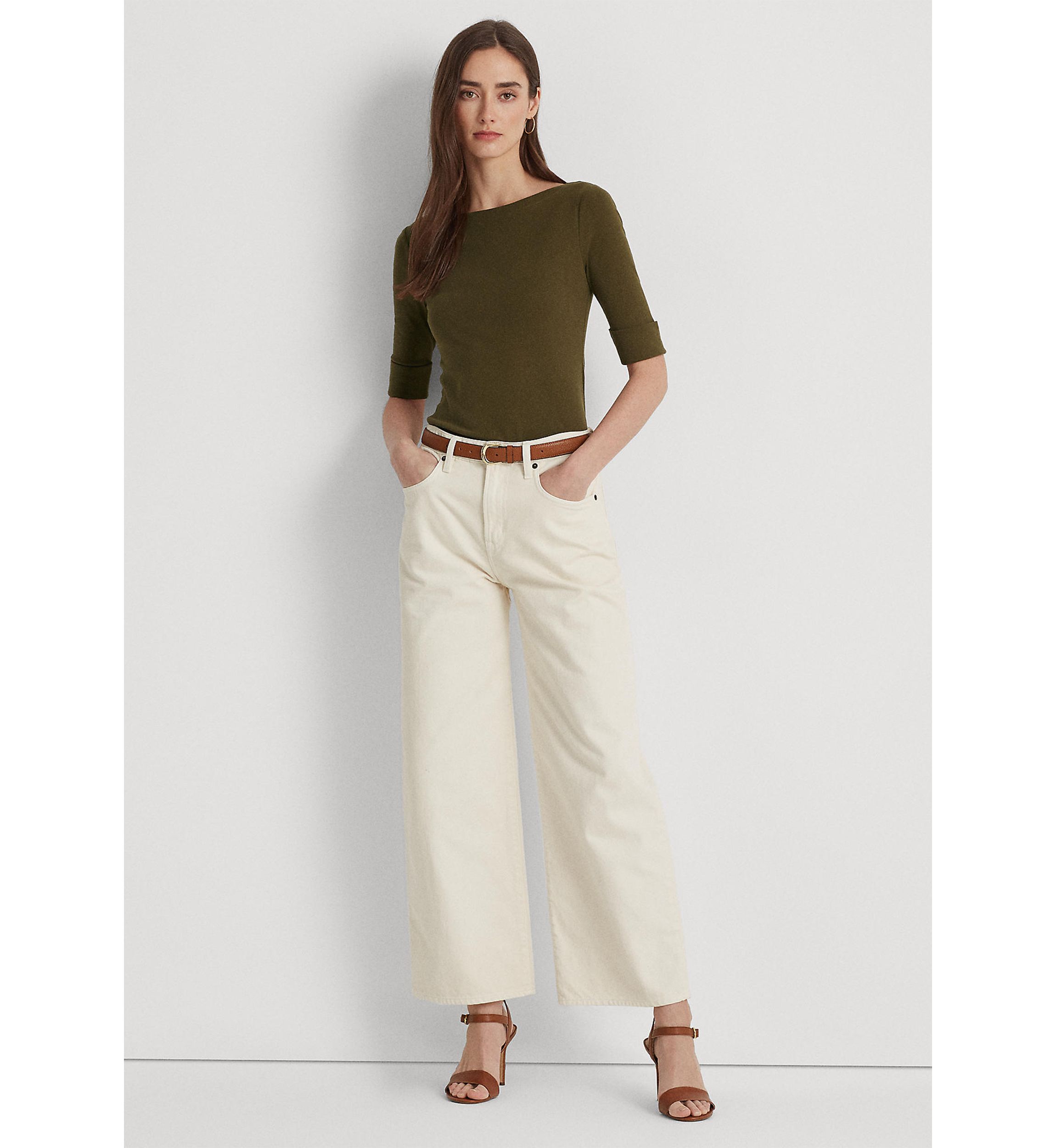 Stretch Cotton Boat Neck T-Shirt