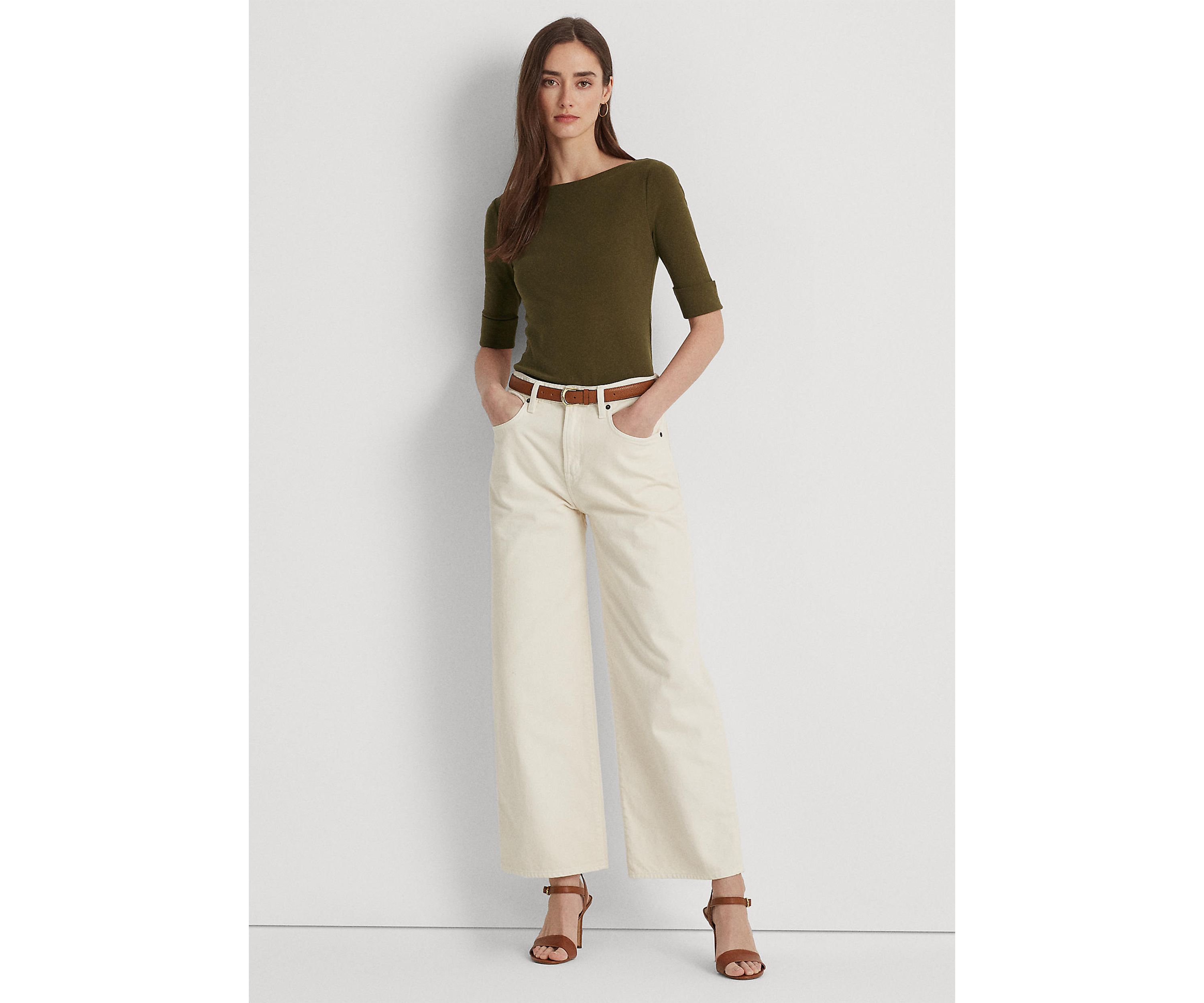 Stretch Cotton Boat Neck T-Shirt