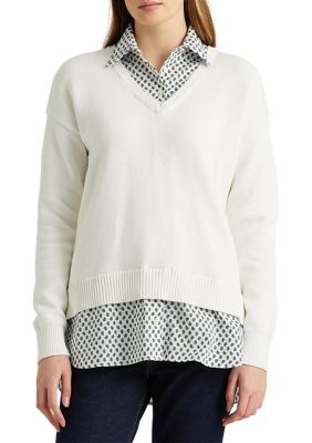 Lauren Ralph Lauren Layered Cotton V-Neck Sweater | belk