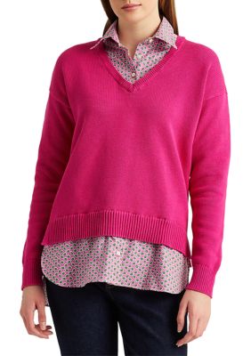 Lauren Ralph Lauren Layered Cotton V-Neck Sweater | belk