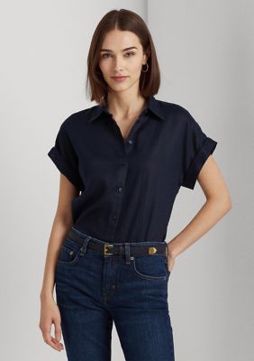Lauren Ralph Lauren Women's Relaxed Fit Linen Short Sleeve Shirt, Navy Blue, XS