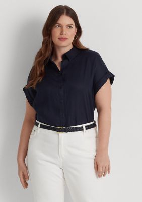 Lauren Ralph Lauren Women's Plus Size Relaxed Fit Linen Short-Sleeve Shirt, Navy Blue, 1X
