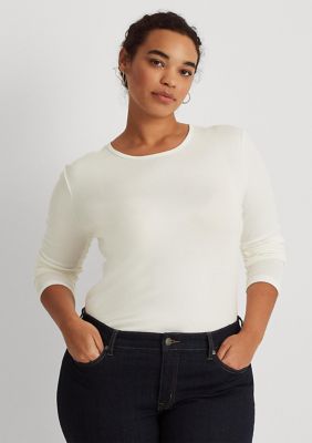 Lauren Ralph Lauren Women's Plus Size Stretch Long-Sleeve Tee, White, 3X