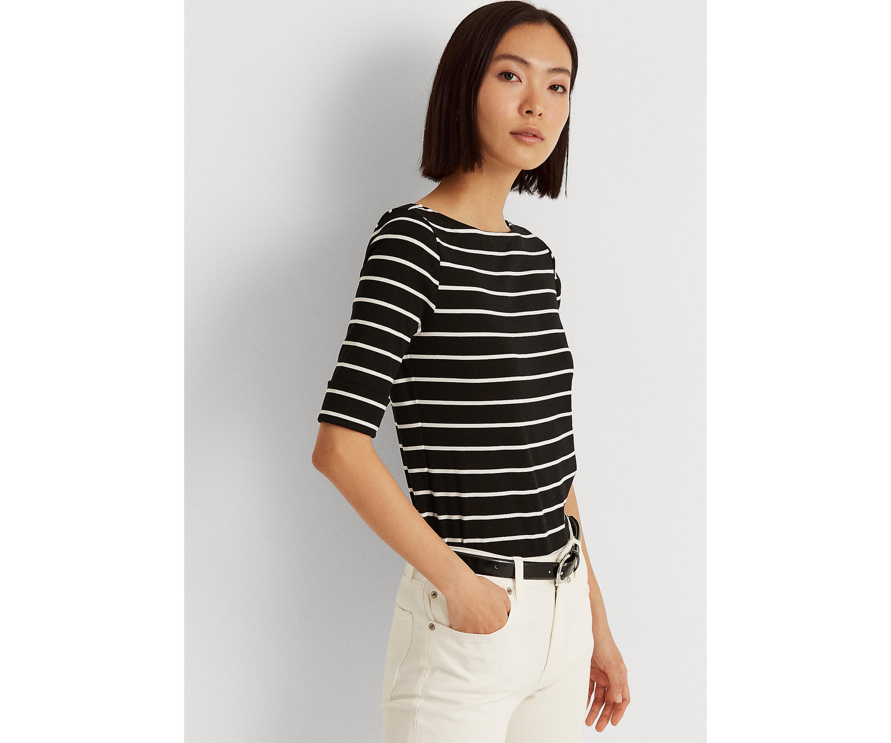 Striped Cotton Boat Neck T-Shirt  