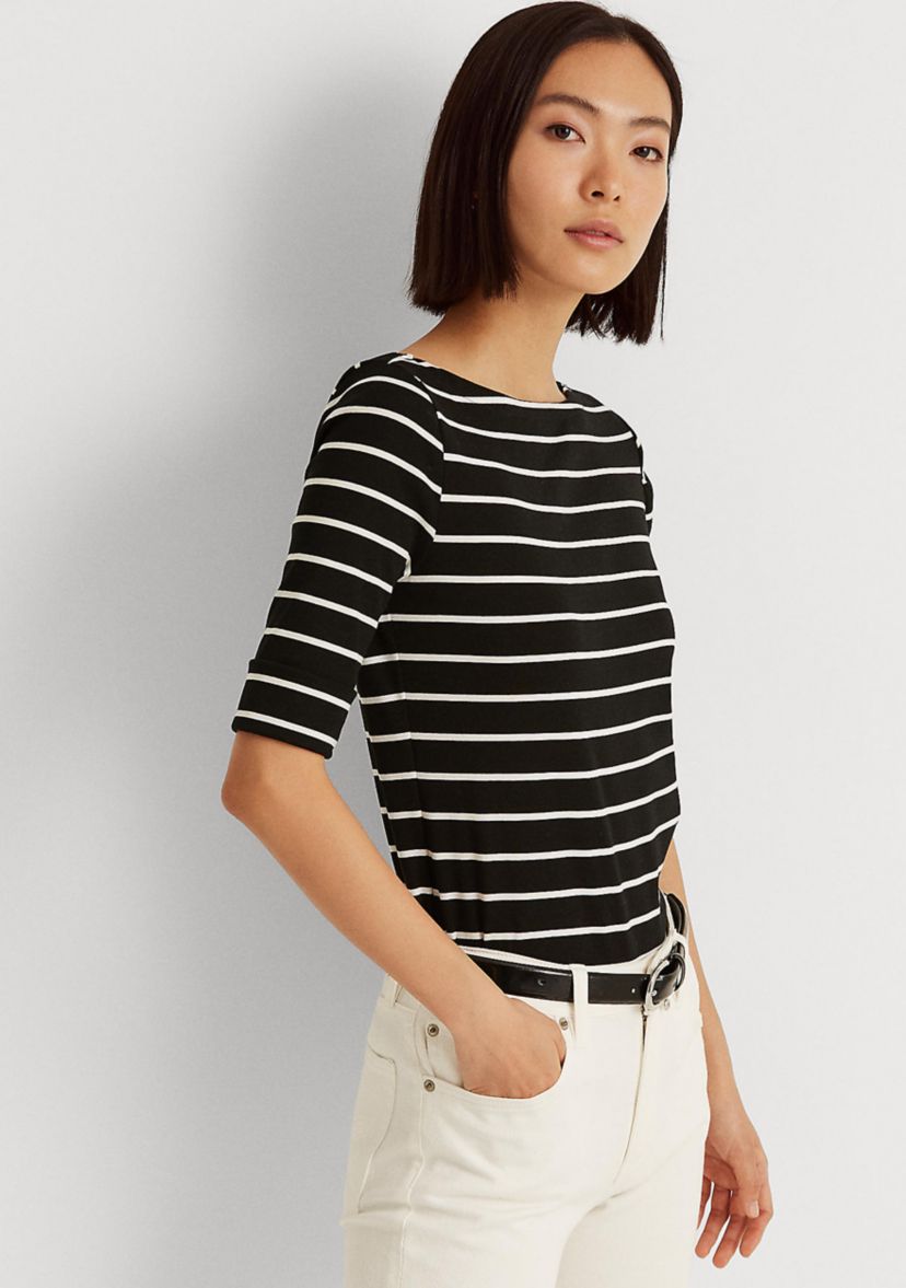 Striped Cotton Boat Neck T-Shirt  