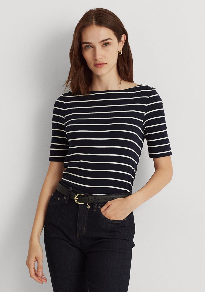 Striped Cotton Boat Neck T-Shirt  