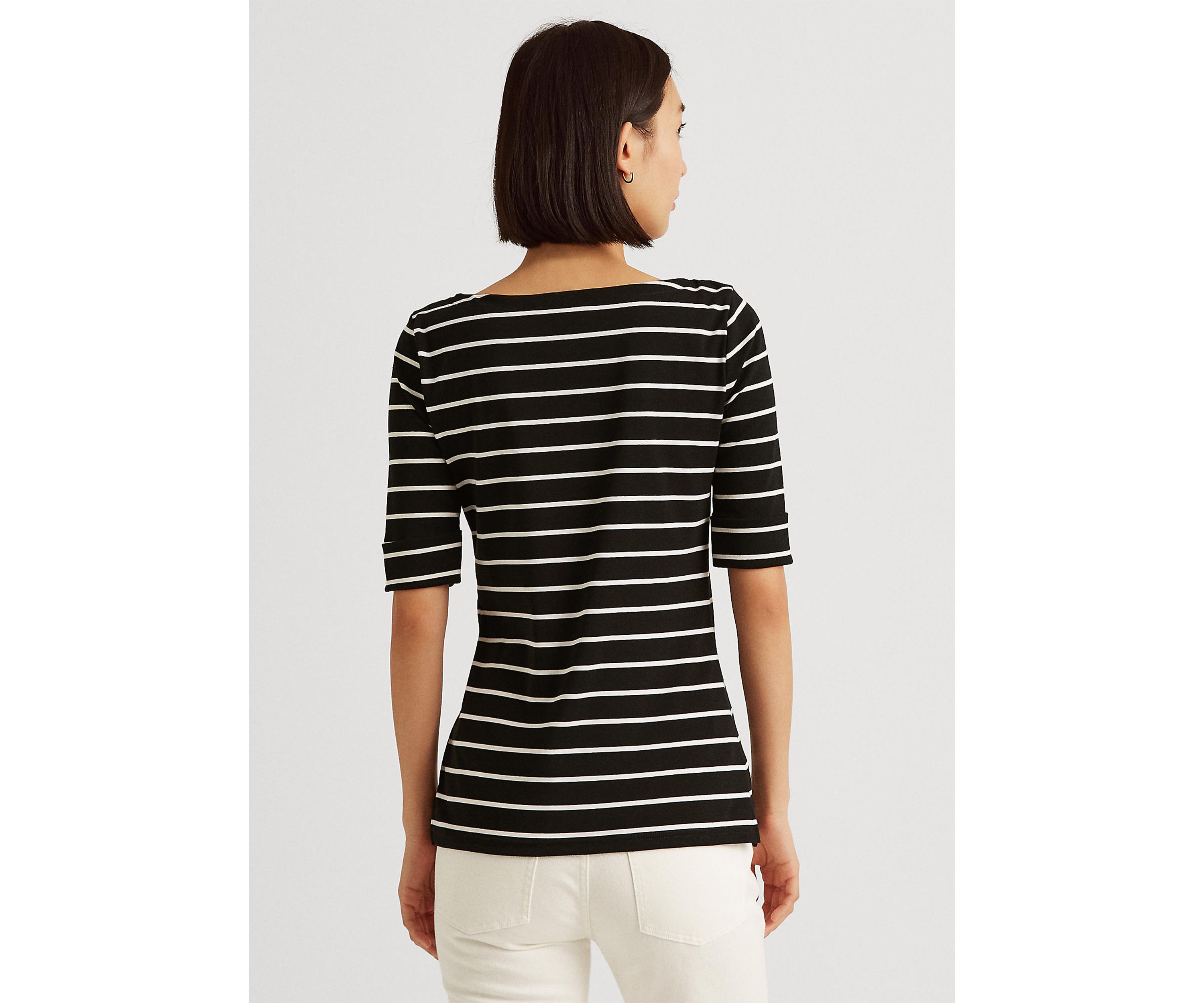 Striped Cotton Boat Neck T-Shirt  