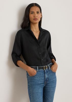 Lauren Ralph Lauren Women's Roll Tab Sleeve Linen Shirt, Black, Large