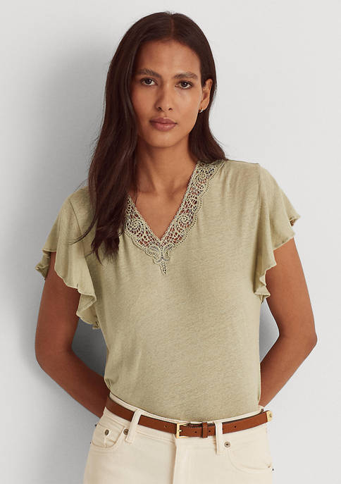 Lauren Ralph Lauren Linen-Blend Jersey Flutter-Sleeve T-Shirt