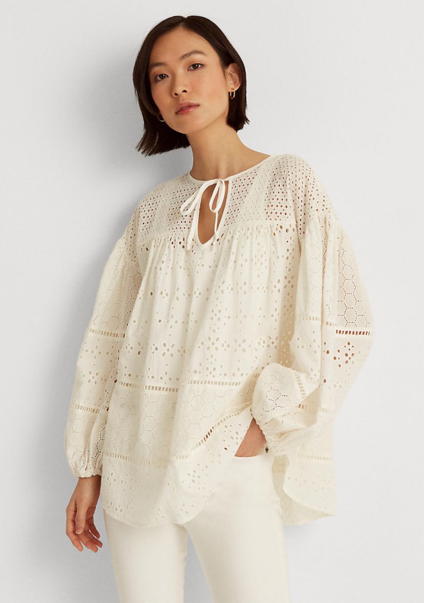 Puff-Sleeve Cotton Eyelet Blouse