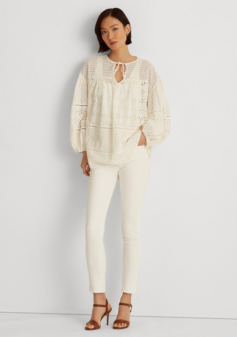 Puff-Sleeve Cotton Eyelet Blouse