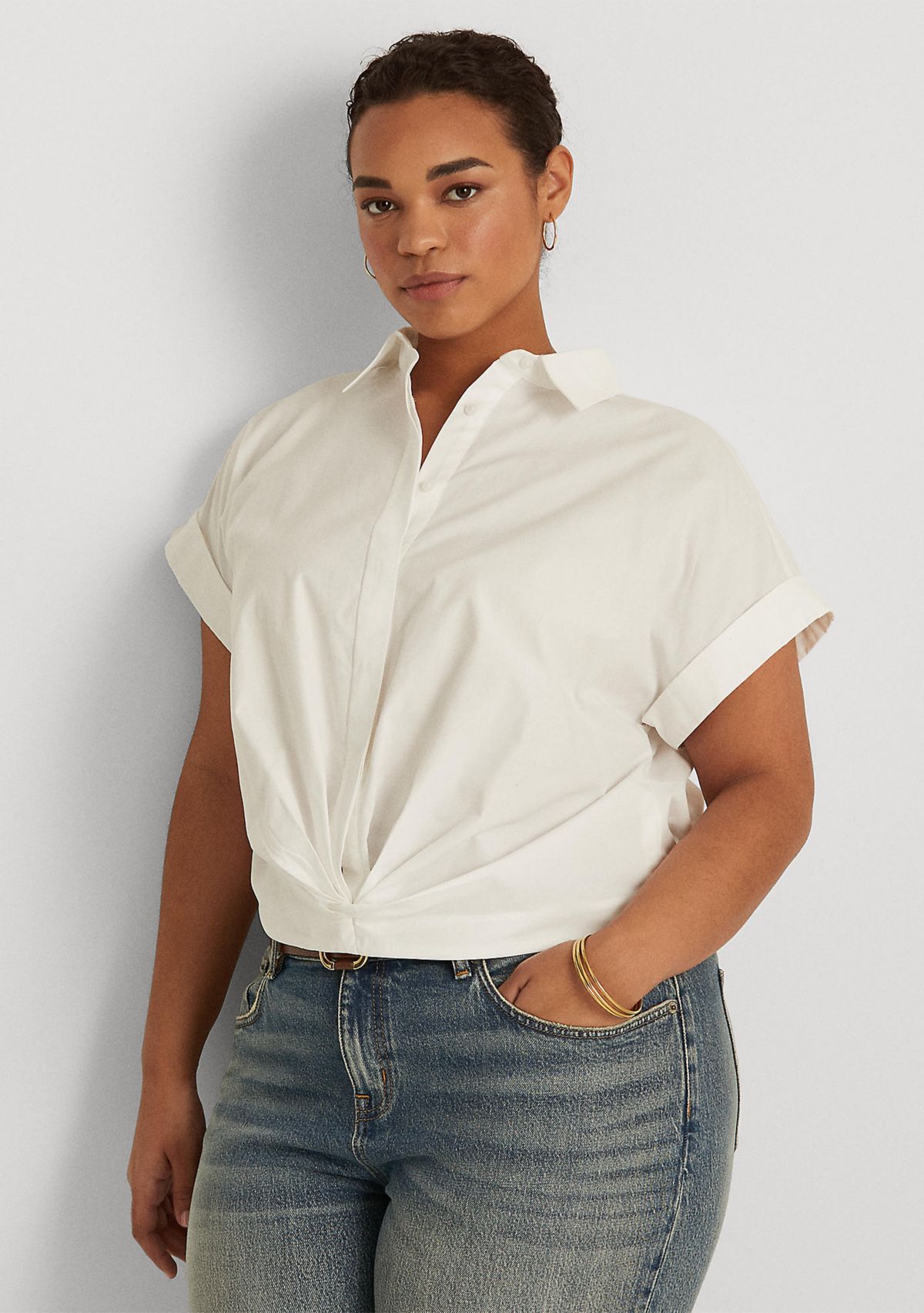 Plus Size Twist-Front Cotton Broadcloth Shirt