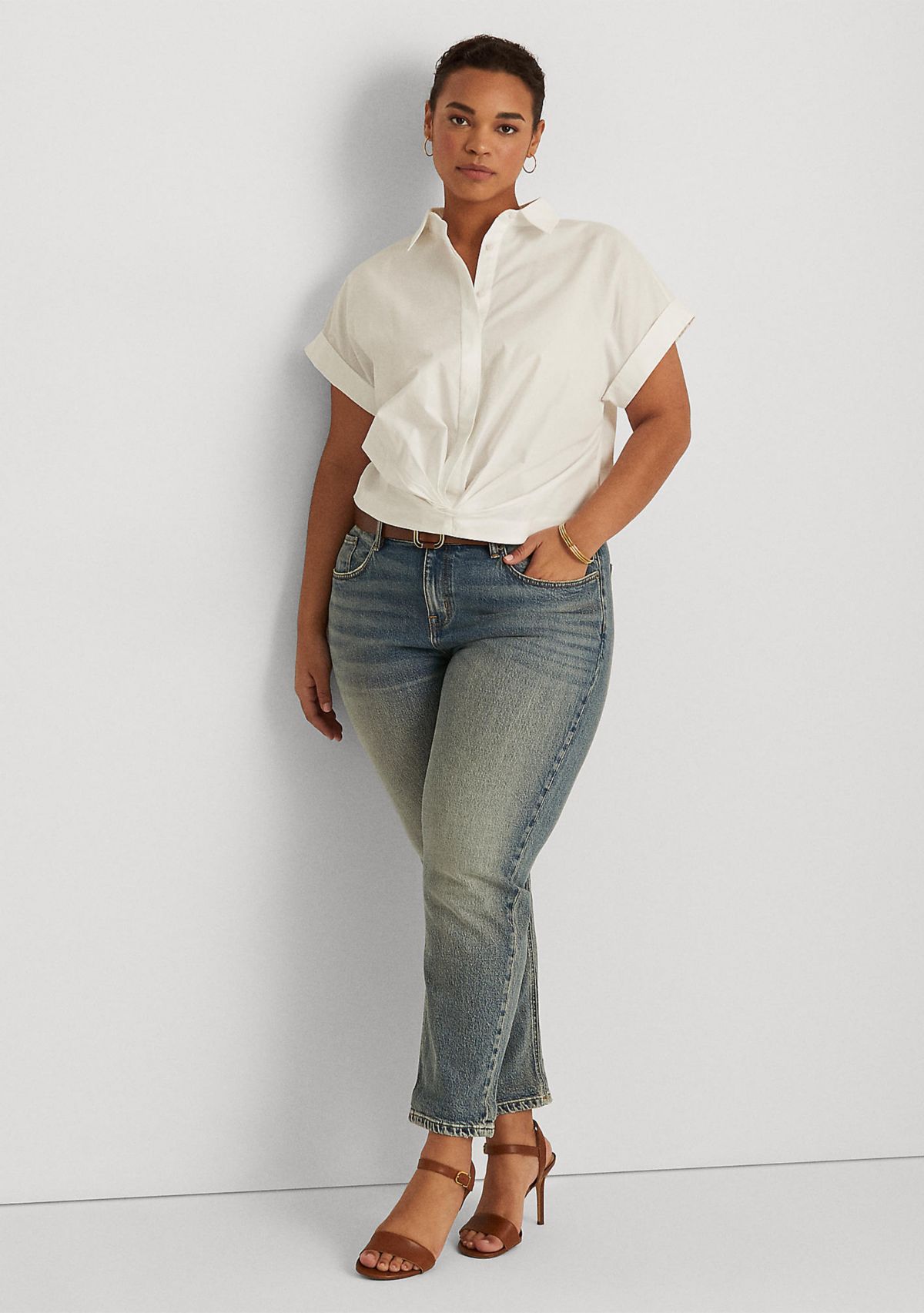 Plus Size Twist-Front Cotton Broadcloth Shirt