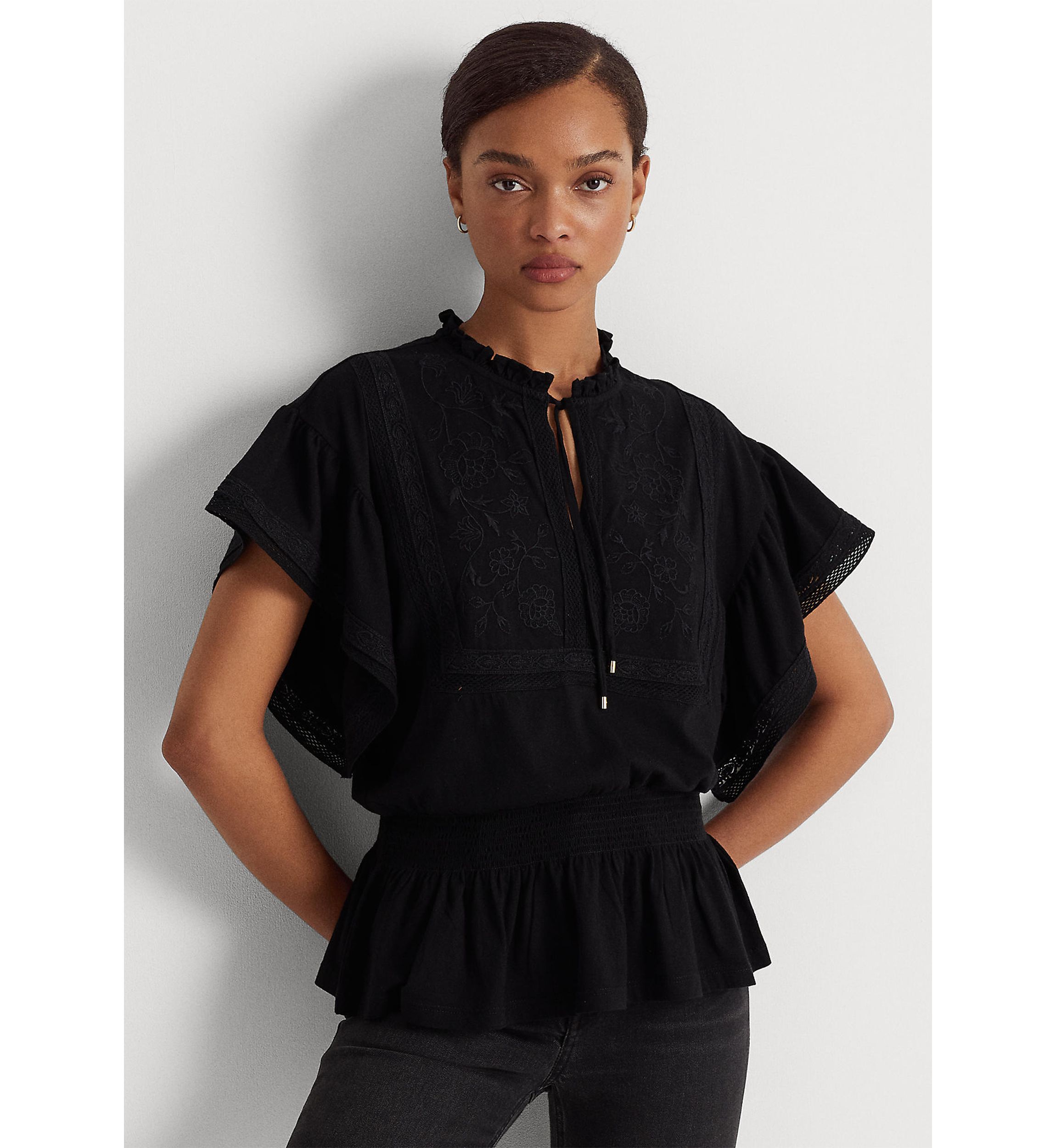 Lace Trim Jersey Peplum Top
