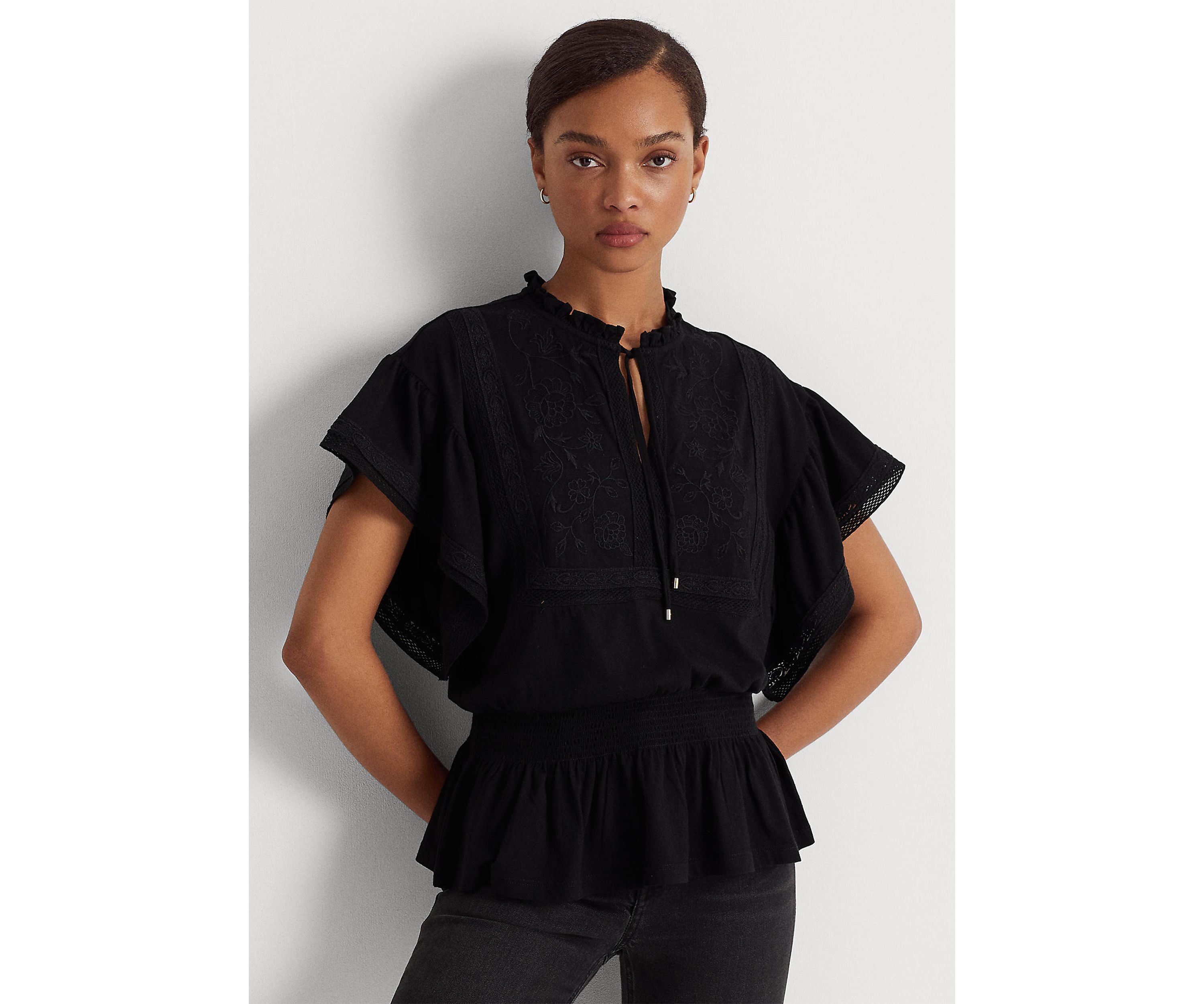 Lace Trim Jersey Peplum Top