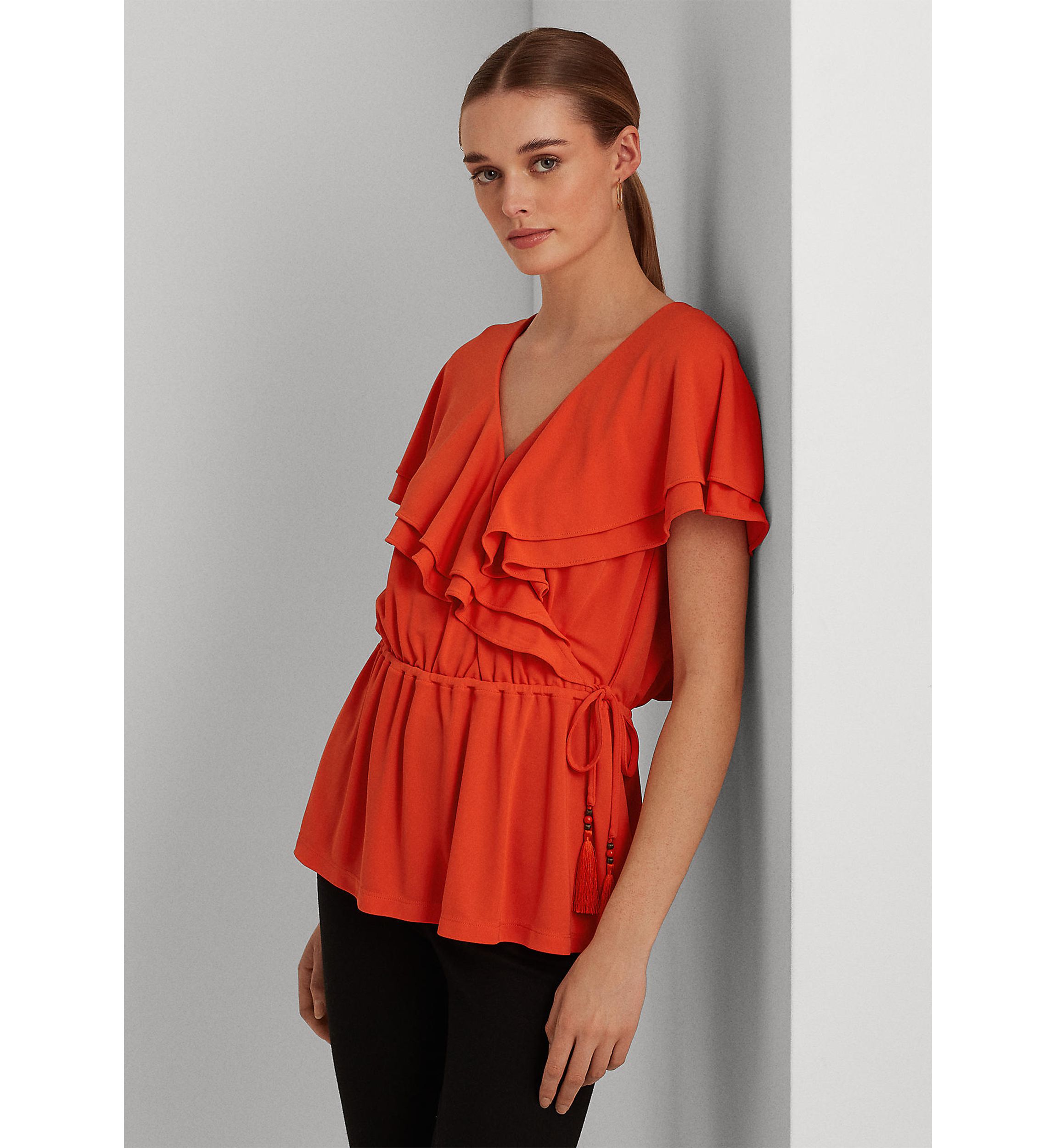 Ruffle-Trim Surplice Jersey Top