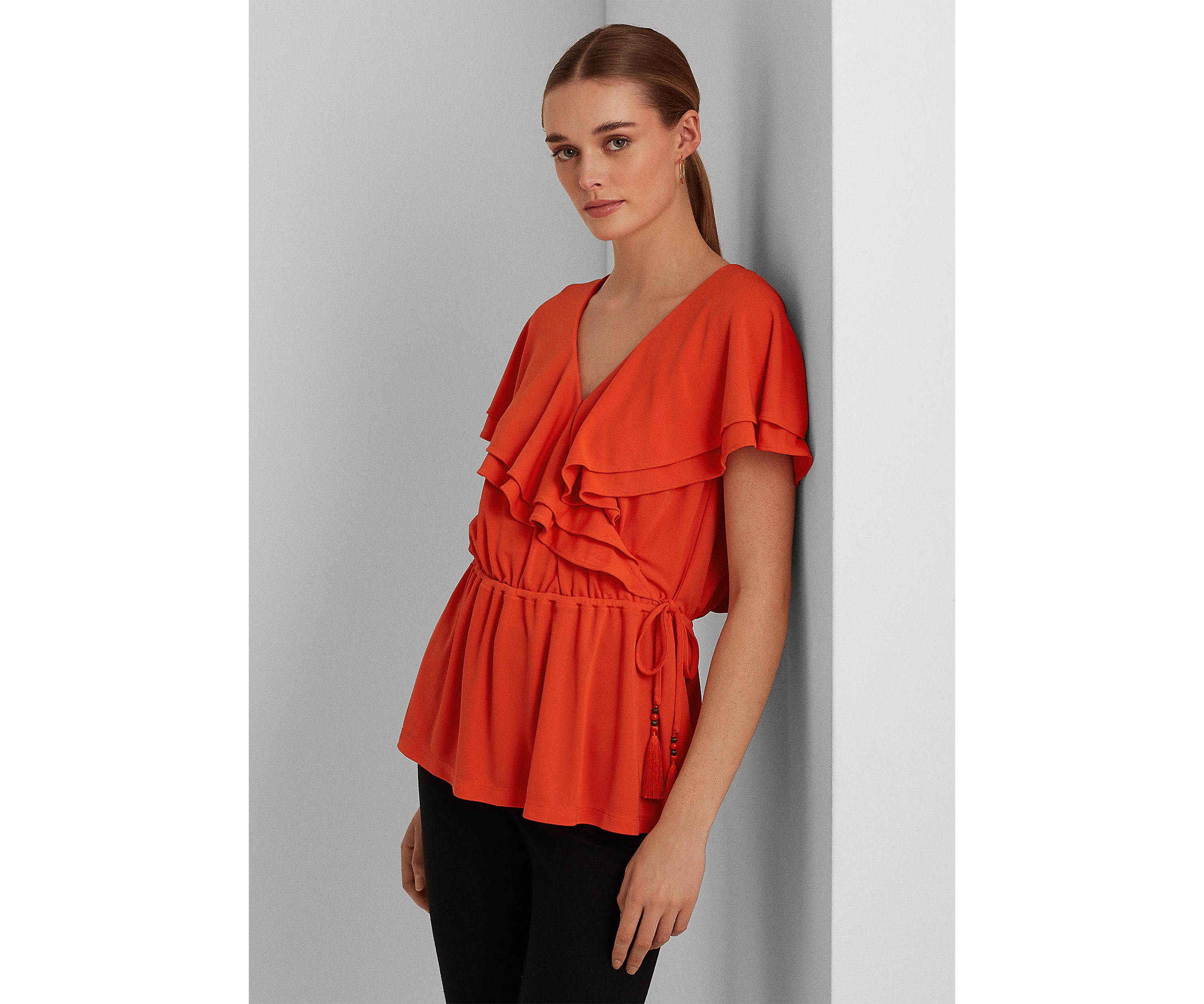 Ruffle-Trim Surplice Jersey Top