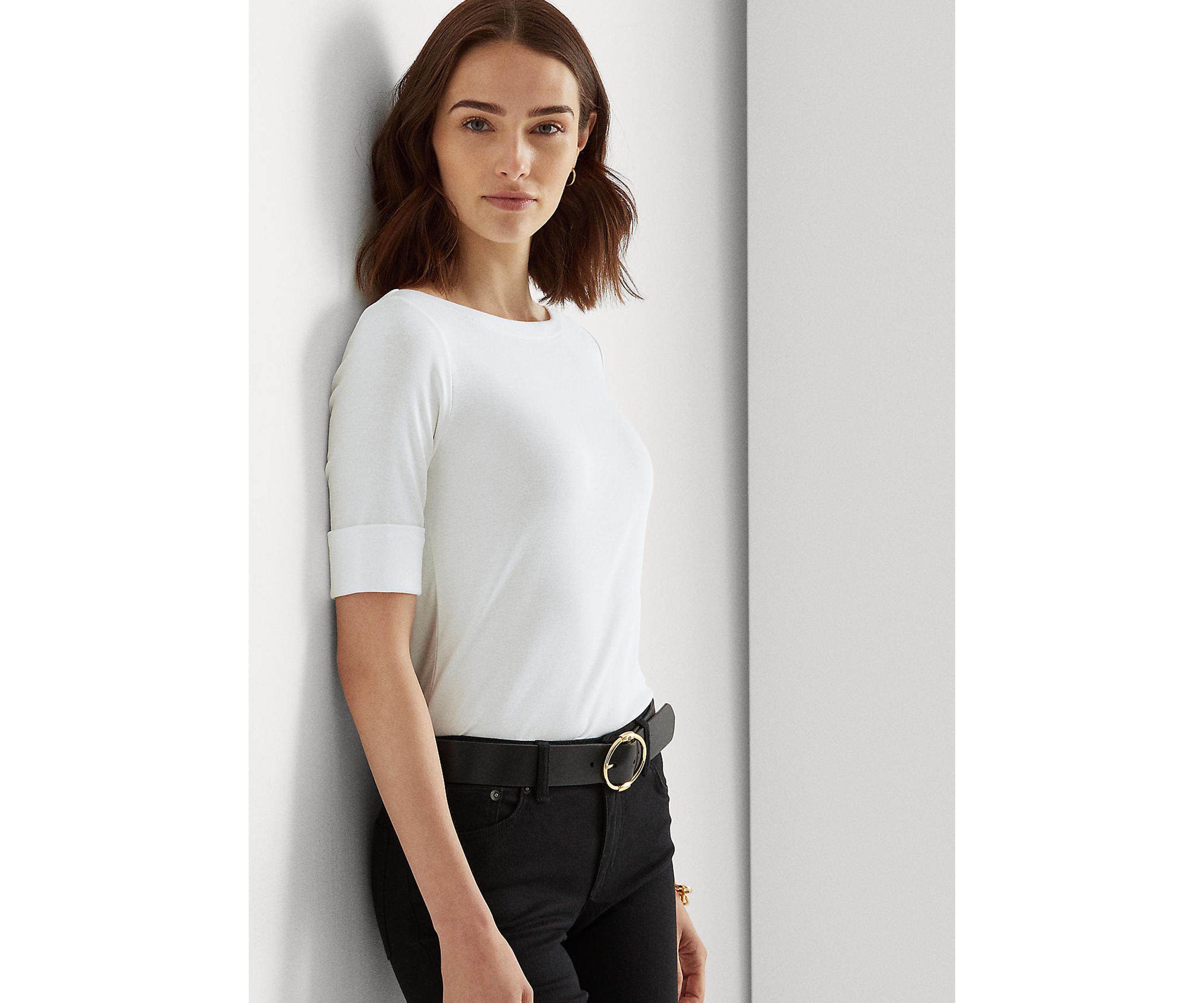 Petite Stretch Cotton Boat Neck Top