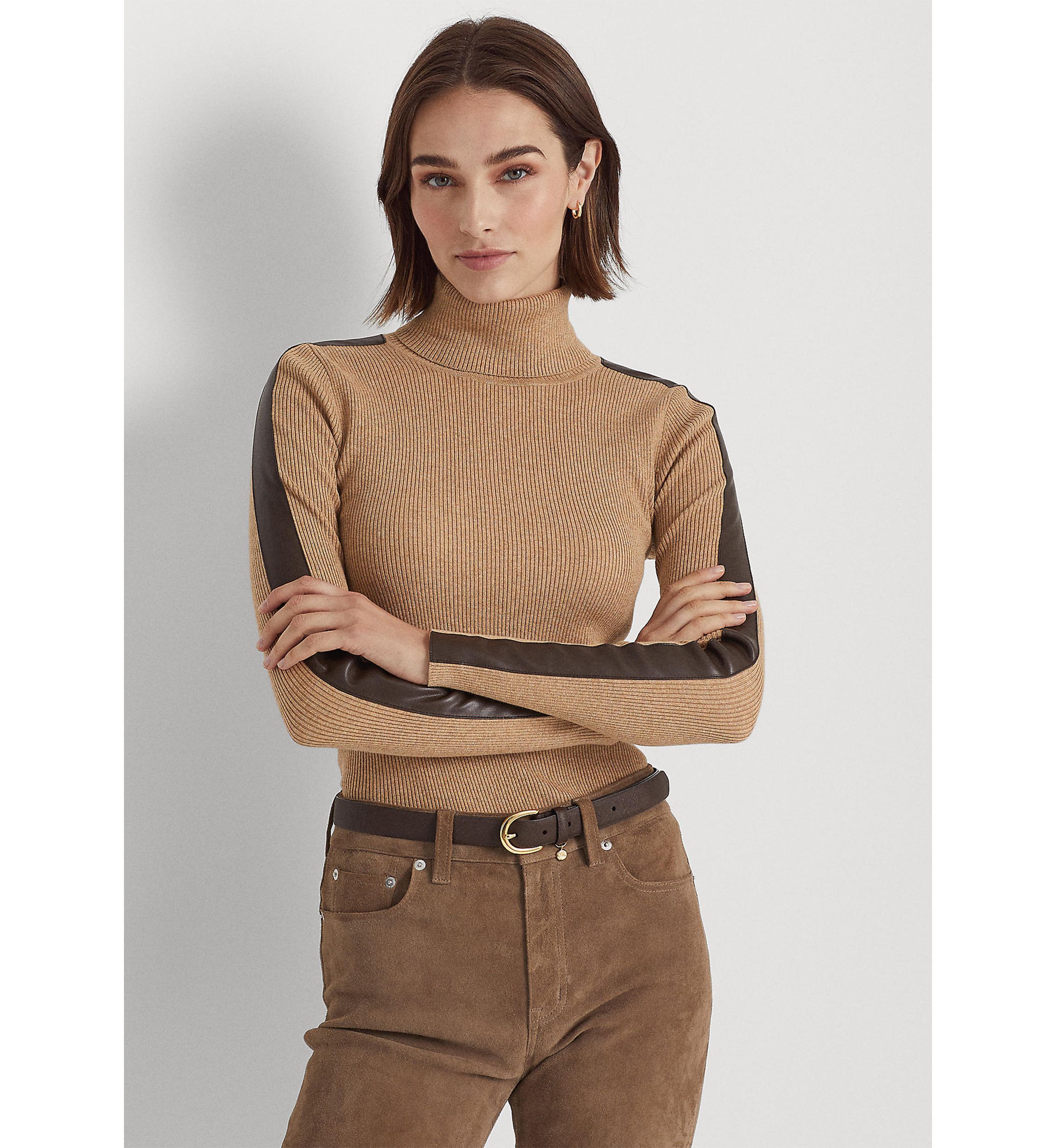 Petite Faux Leather Trim Turtleneck Sweater
