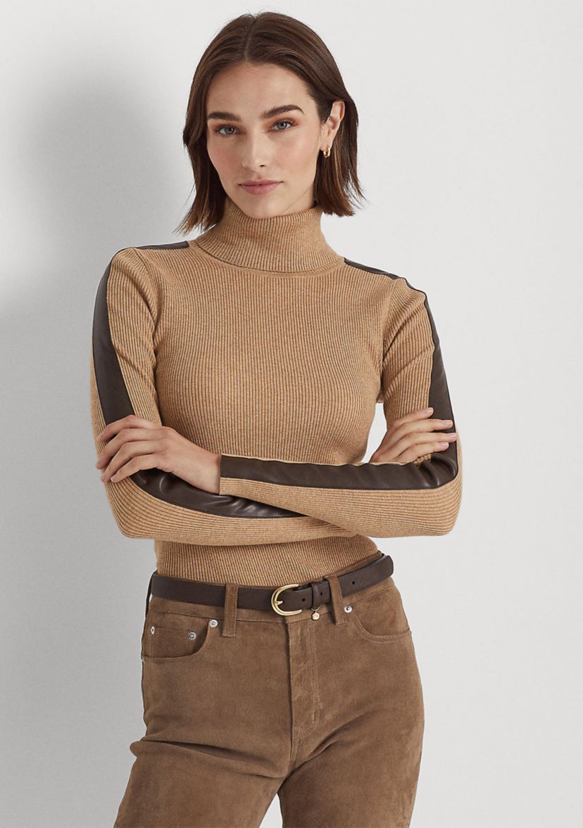 Petite Faux Leather Trim Turtleneck Sweater