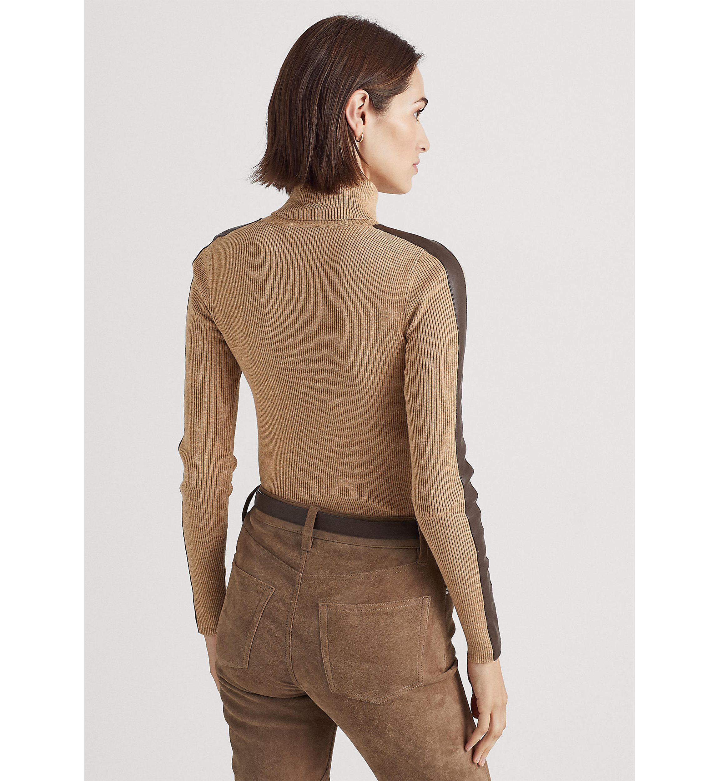 Petite Faux Leather Trim Turtleneck Sweater