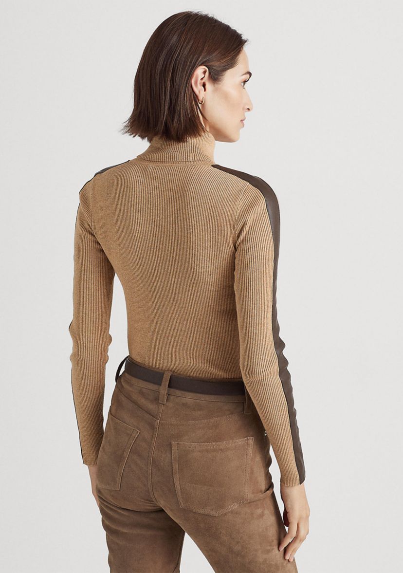 Petite Faux Leather Trim Turtleneck Sweater