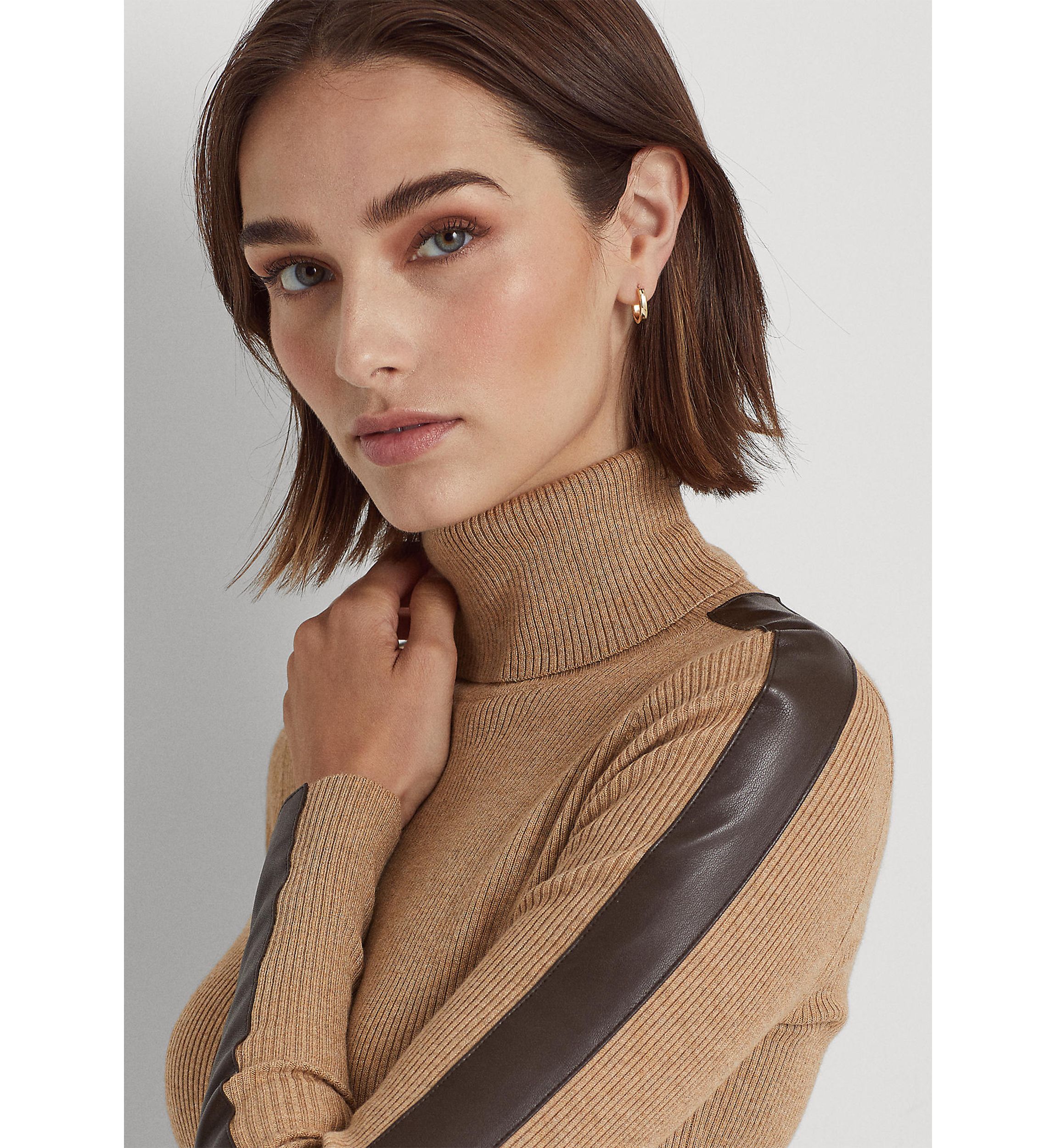 Petite Faux Leather Trim Turtleneck Sweater