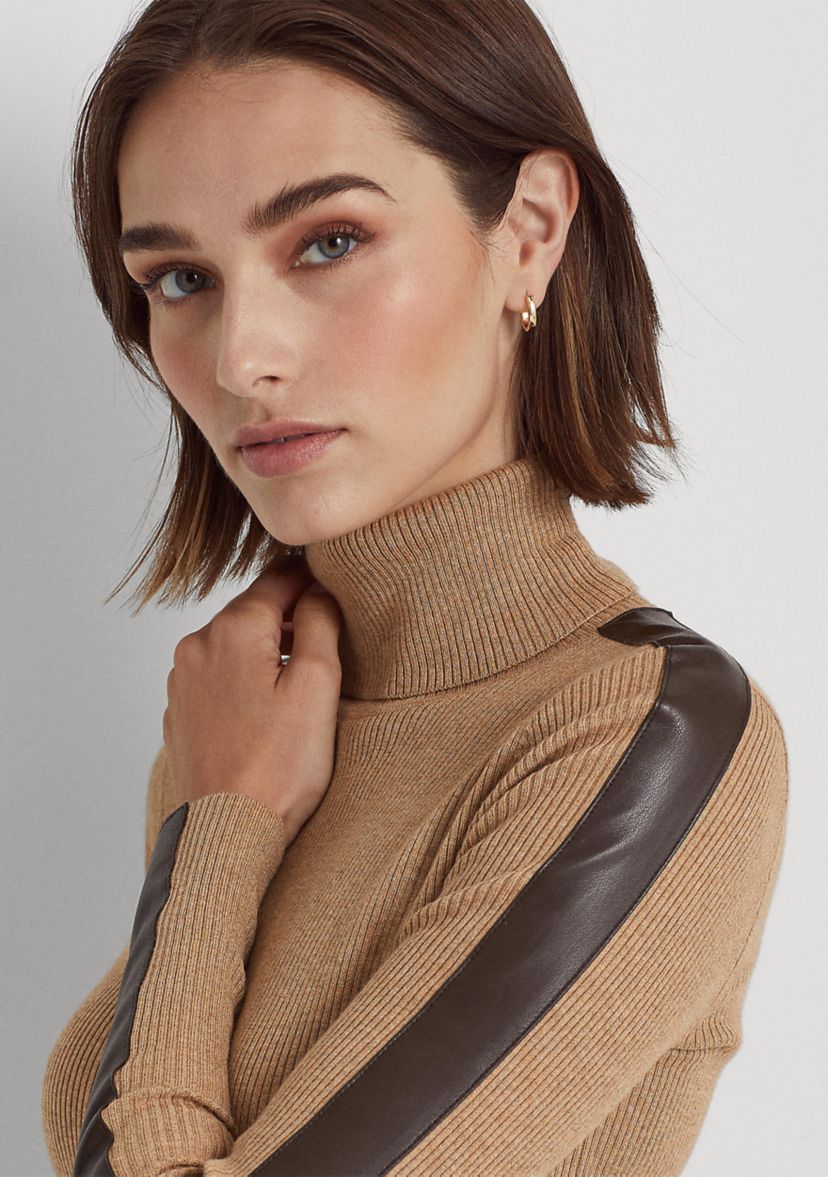 Petite Faux Leather Trim Turtleneck Sweater