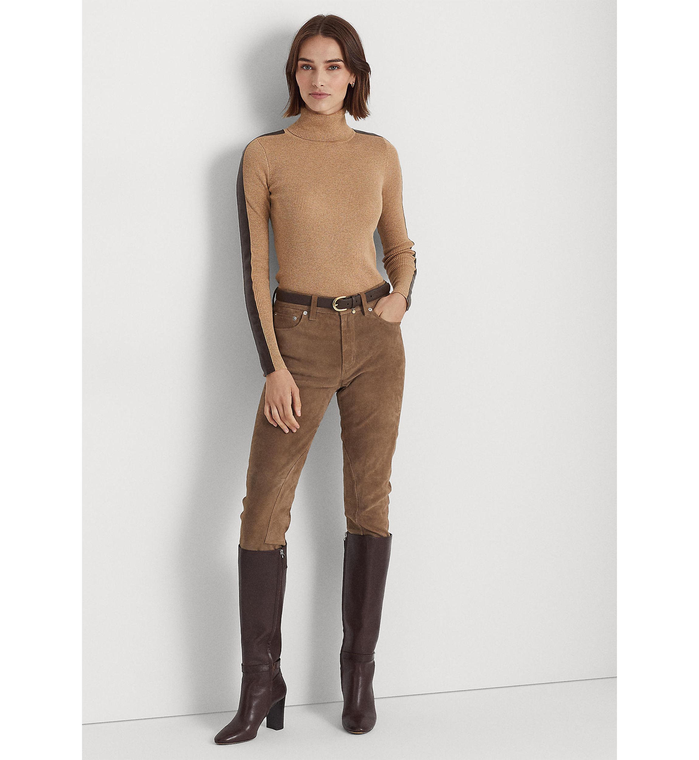 Petite Faux Leather Trim Turtleneck Sweater