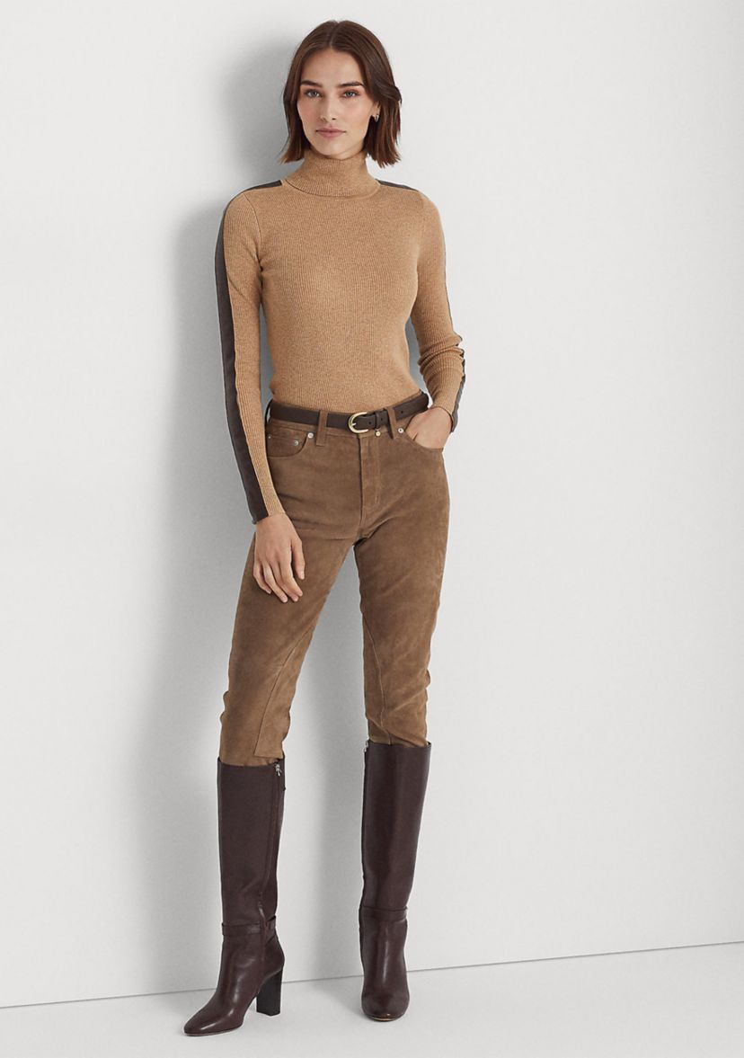 Petite Faux Leather Trim Turtleneck Sweater