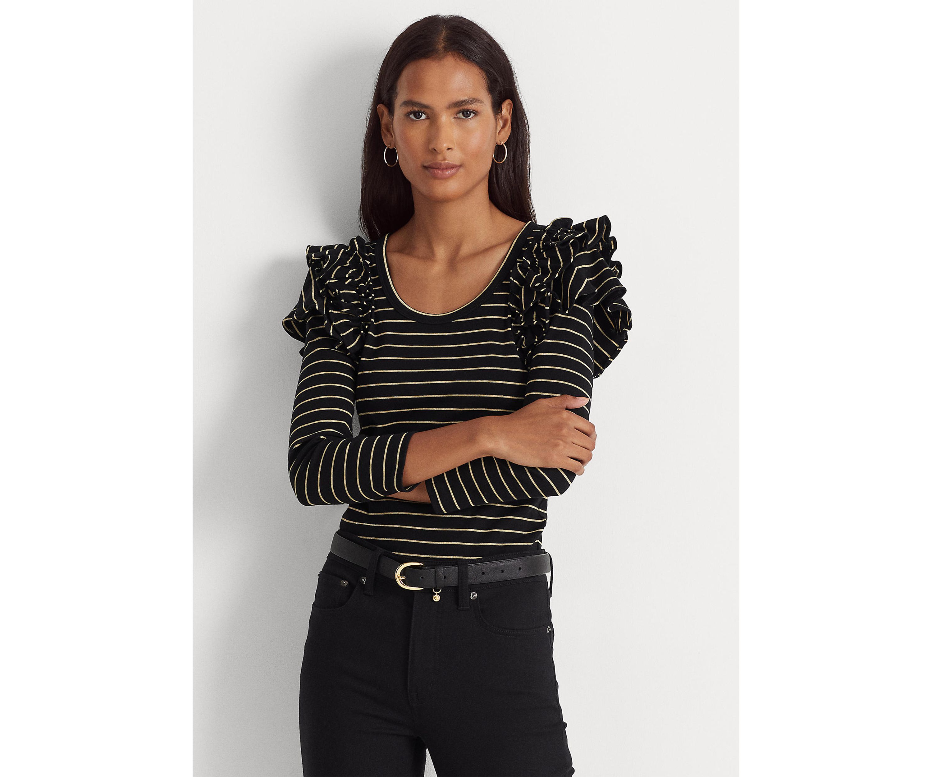 Metallic Striped Ruffle Trim Knit Top