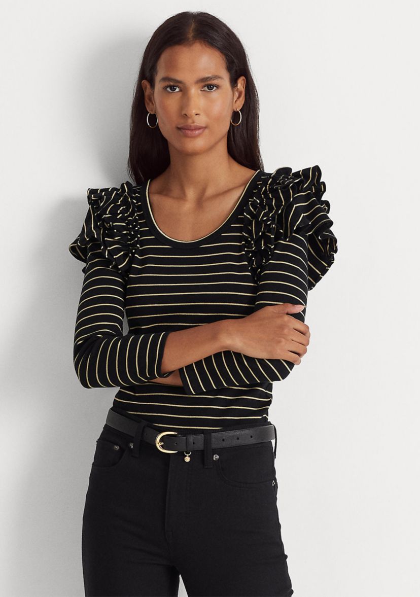 Metallic Striped Ruffle Trim Knit Top