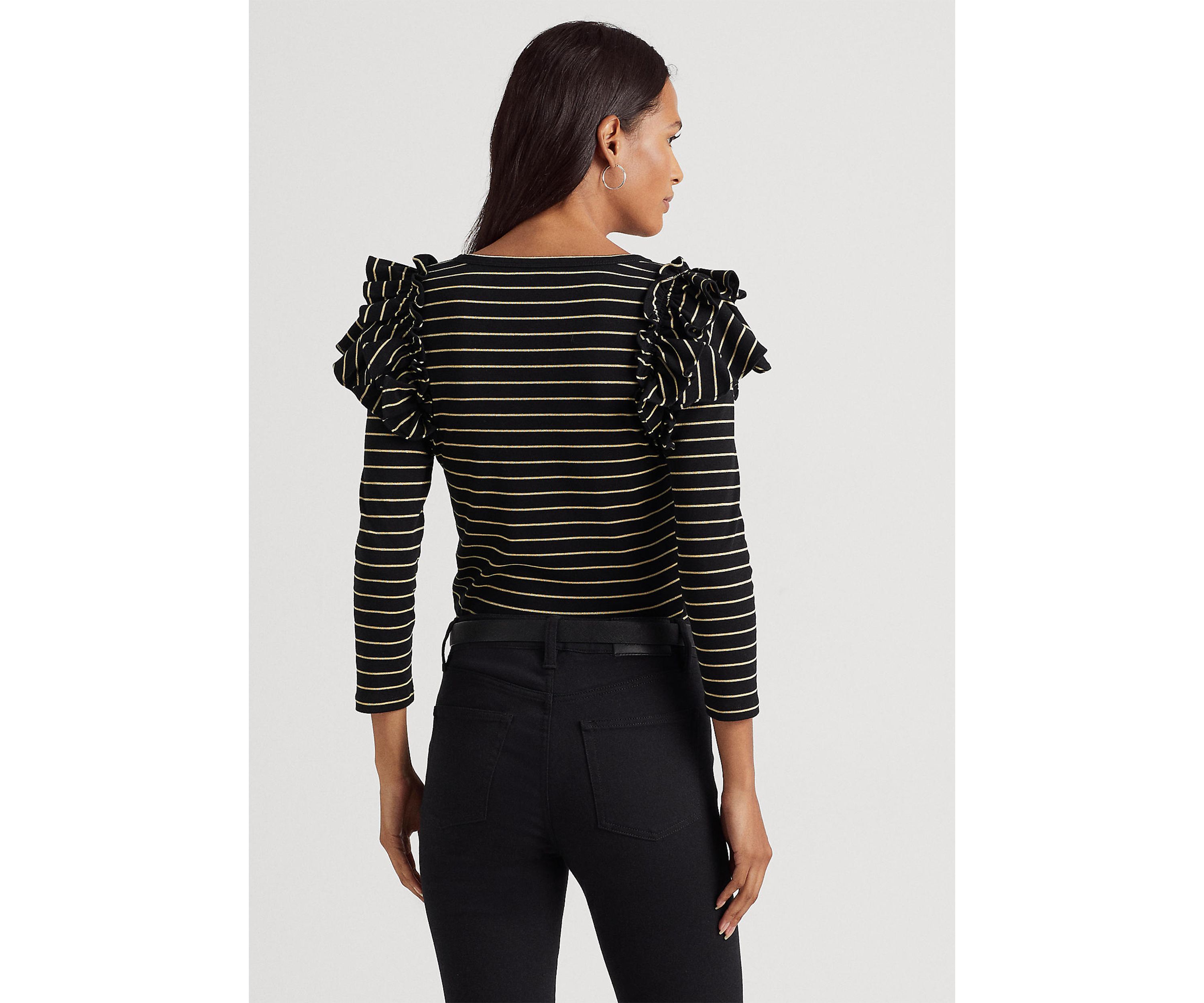 Metallic Striped Ruffle Trim Knit Top