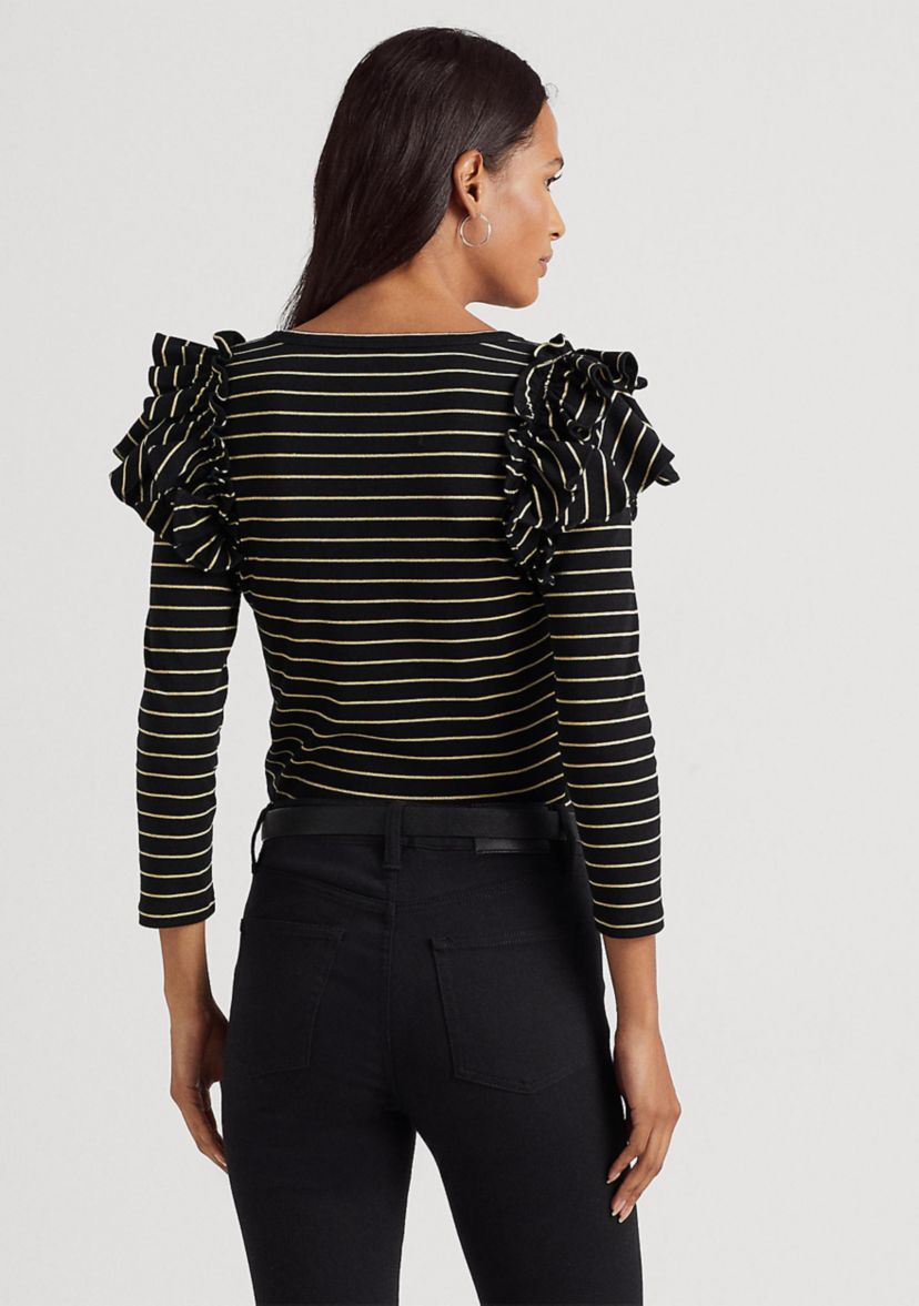 Metallic Striped Ruffle Trim Knit Top