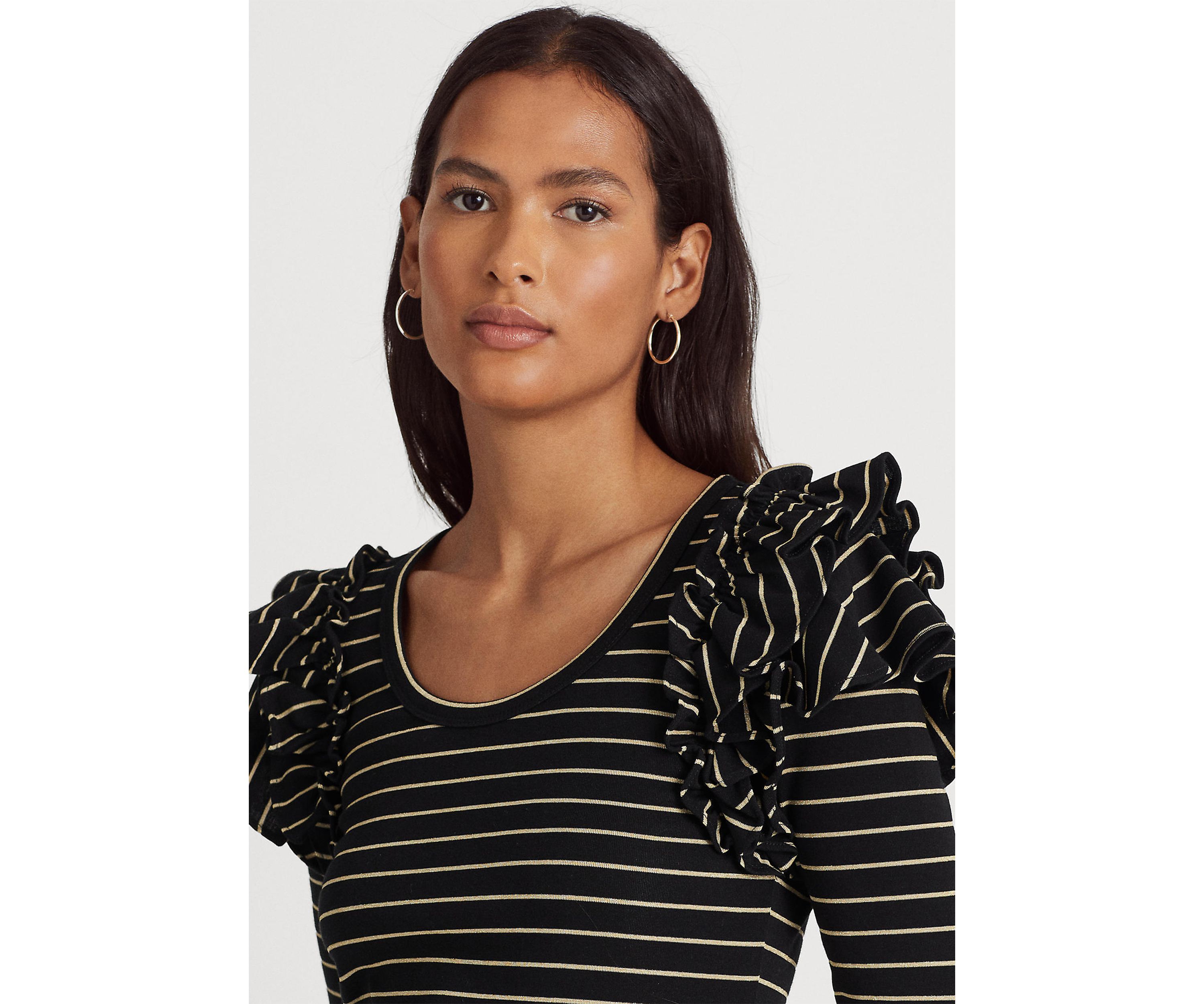 Metallic Striped Ruffle Trim Knit Top