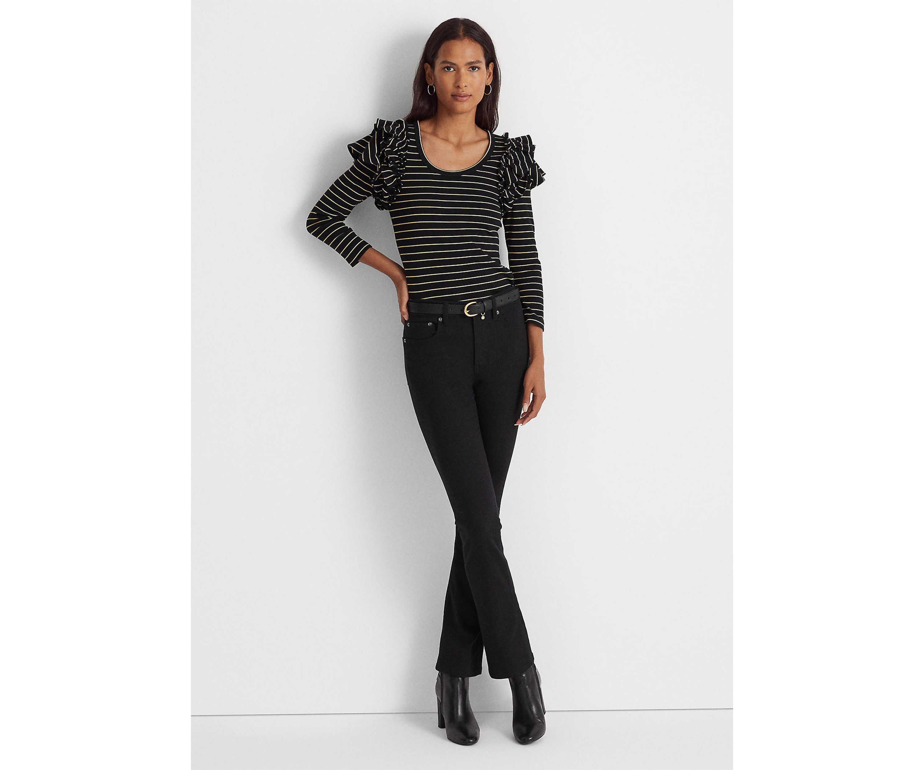 Metallic Striped Ruffle Trim Knit Top