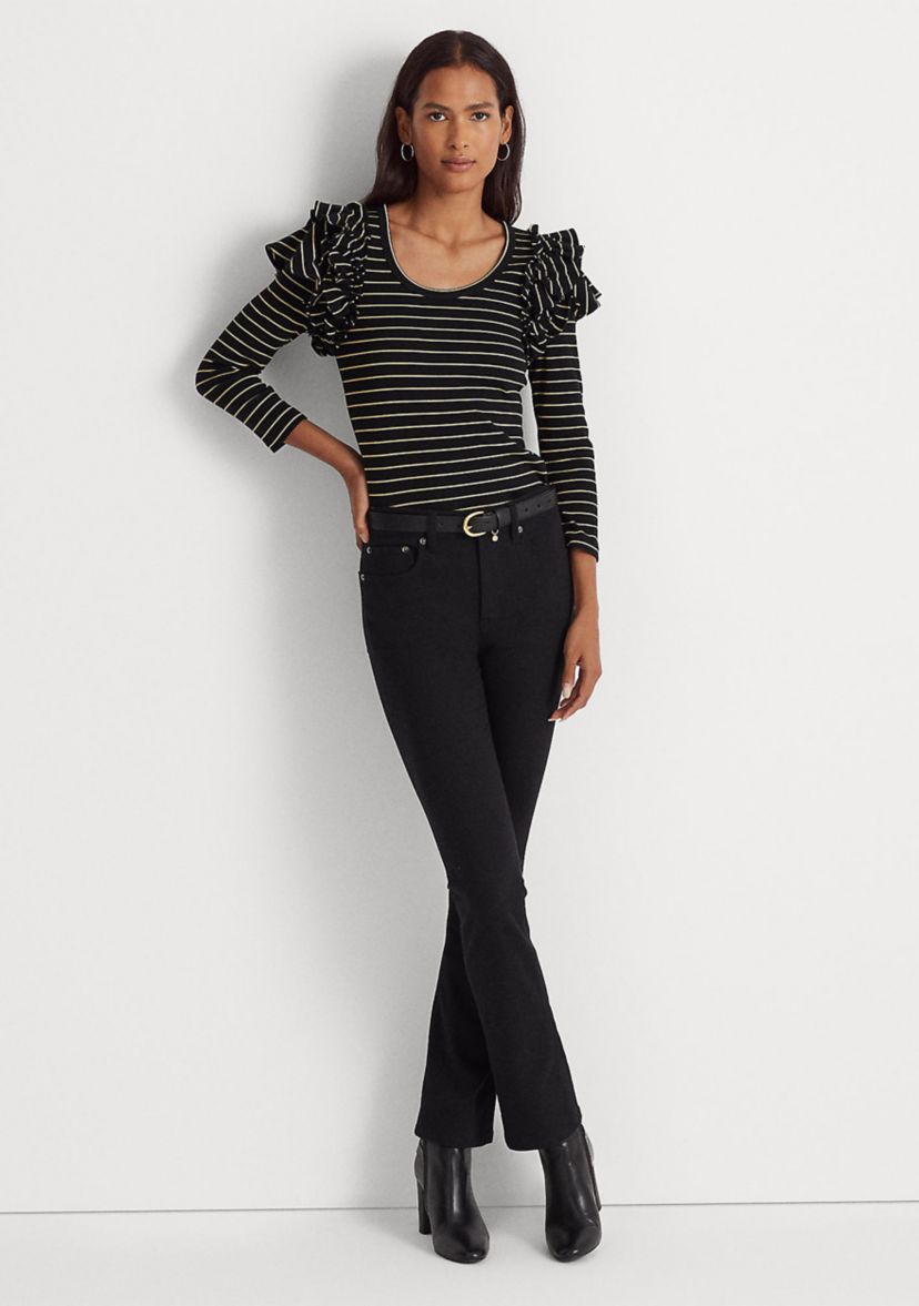 Metallic Striped Ruffle Trim Knit Top