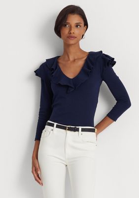 Ruffle-Trim Stretch Cotton V-Neck Top