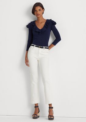 Ruffle-Trim Stretch Cotton V-Neck Top