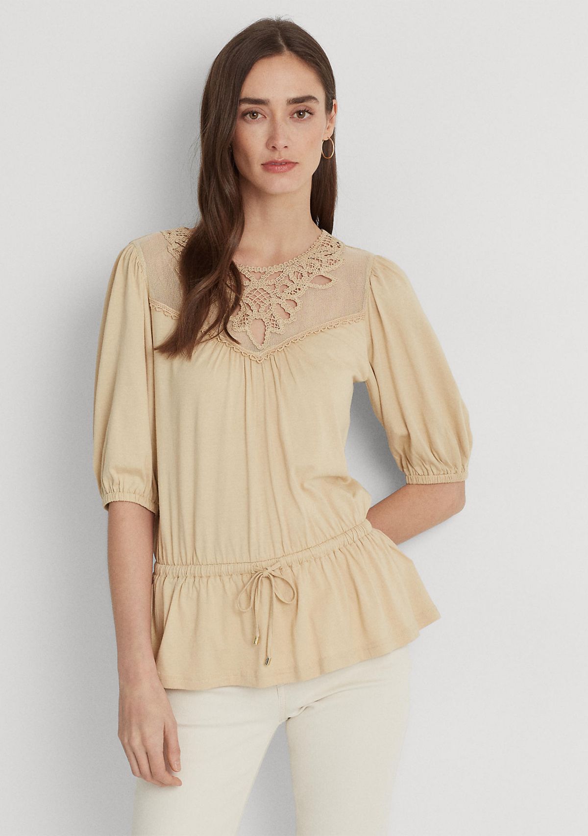 Lace Trim Jersey Peplum Top