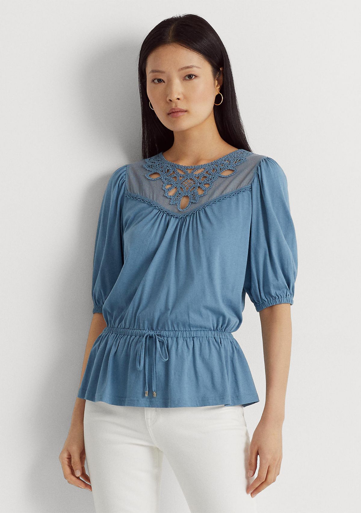 Lace Trim Jersey Peplum Top