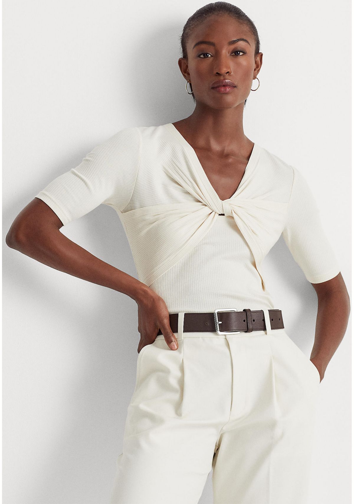 Twist Front Rib Knit Cotton-Blend T-Shirt