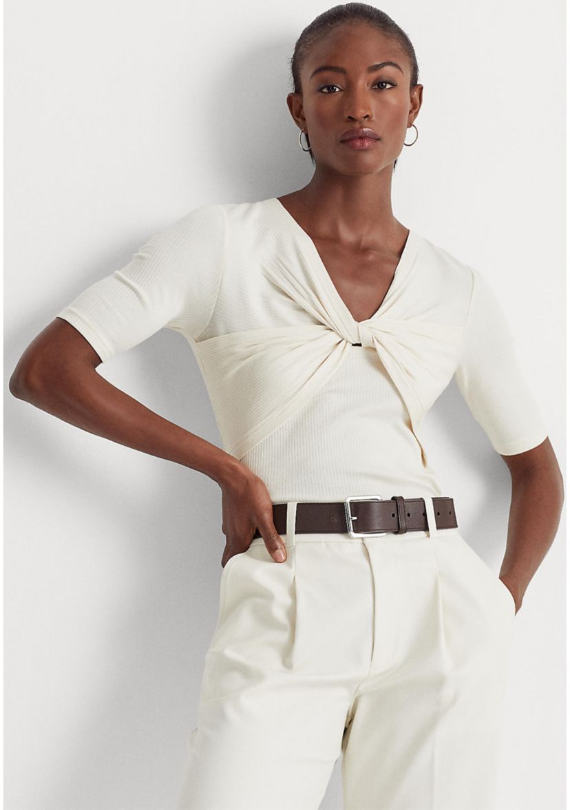 Twist Front Rib Knit Cotton-Blend T-Shirt