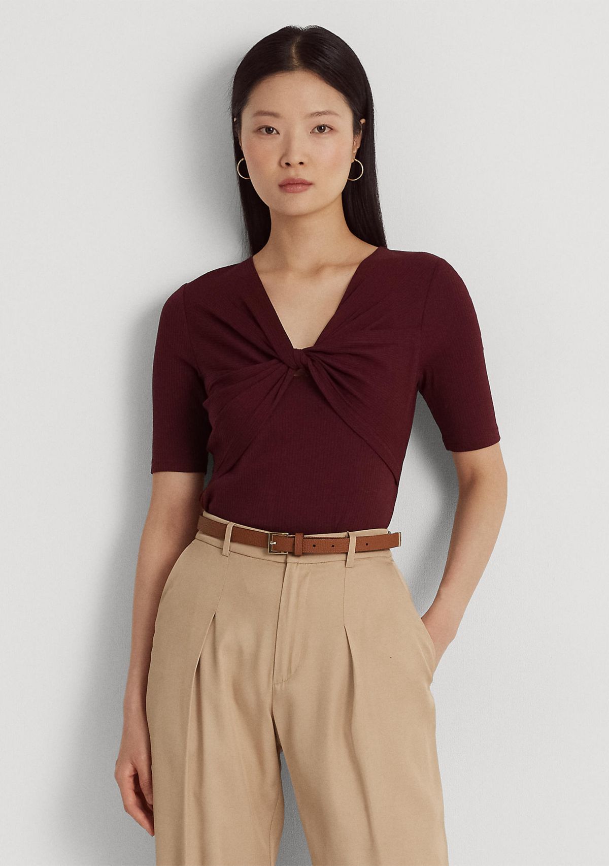 Twist Front Rib Knit Cotton-Blend T-Shirt