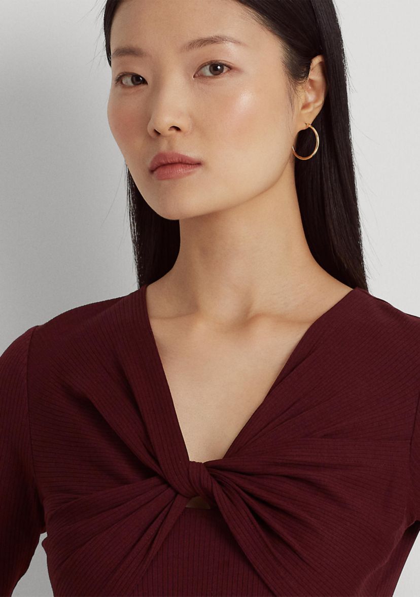 Twist Front Rib Knit Cotton-Blend T-Shirt